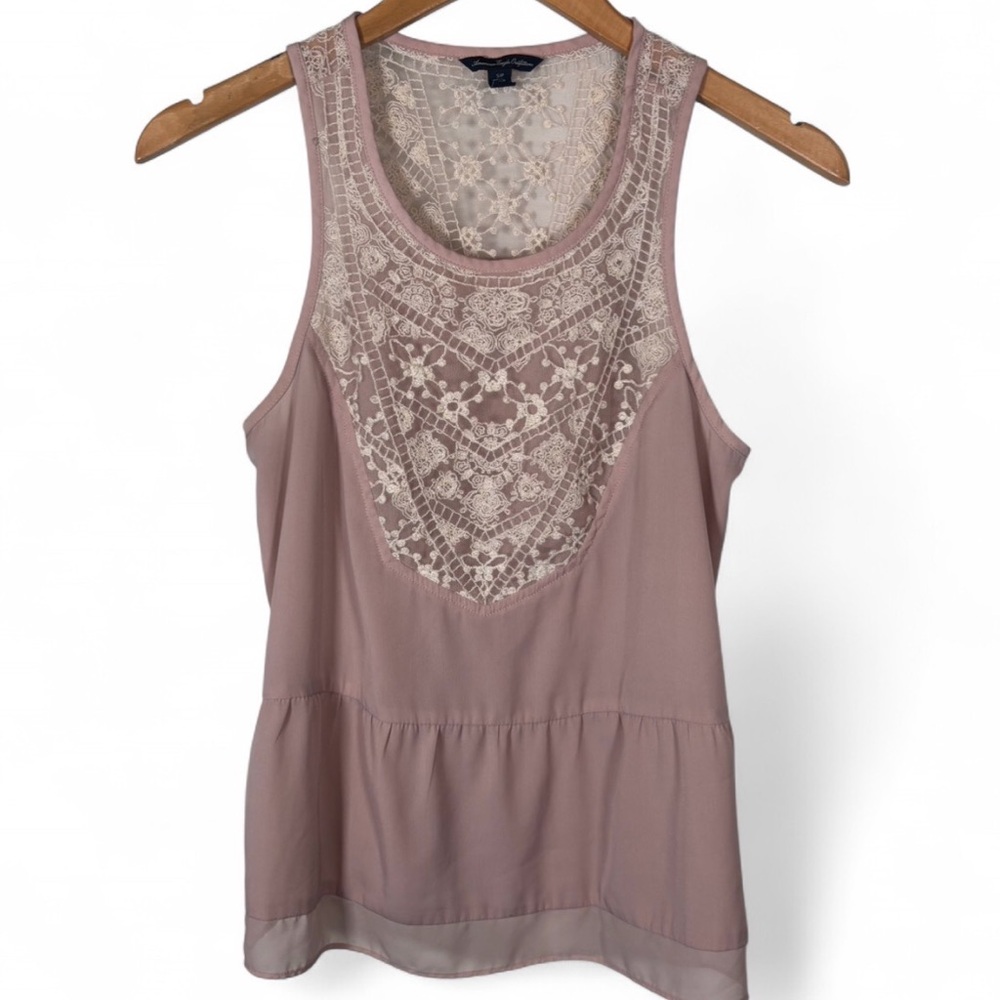 American Eagle Lace Inset Tank Blouse Small Boho Romantic Mauve